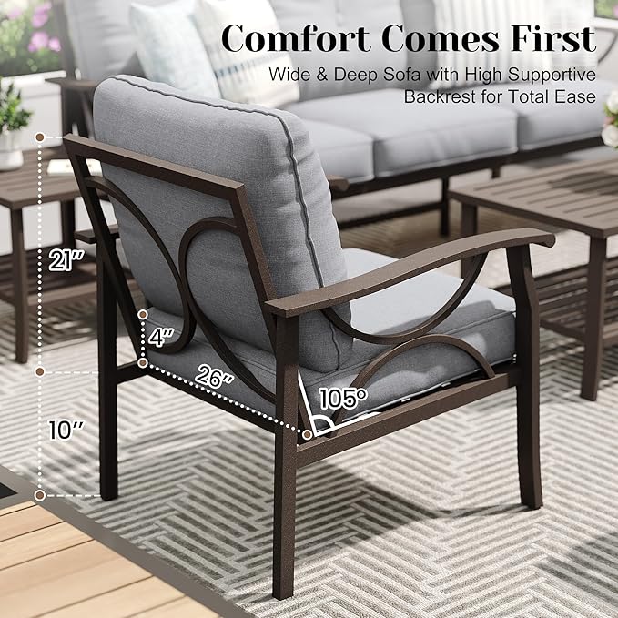 FansaFurn 7-Pieces Outdoor Patio Furniture Set, Outdoor Metal Sectional Furniture with Cushions, Outdoor Conversation Seating Set with Coffee Table for Backyard,Garden, Balcony, Deck, Backyard, Grey