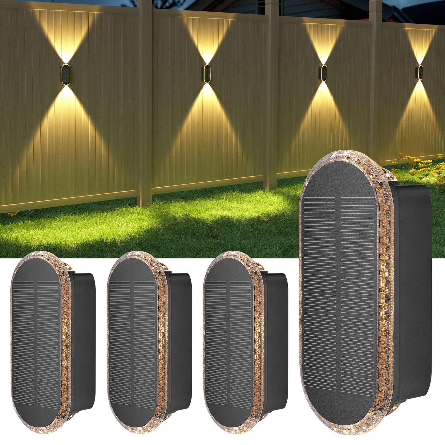 Ellasay Fence Lights Solar Powered: 4 Pack Solar Wall Lights Outdoor Up and Down IP67 Waterproof - 3 Colors Modes Brighter LED Lens Solar Lights Dusk to Dawn 12h for Backyard/Porch/Railing/Balcony