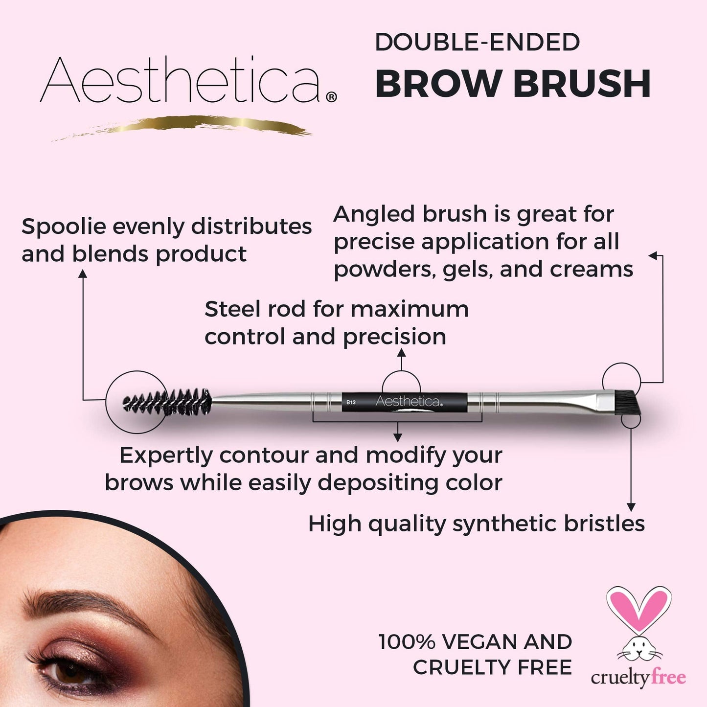 Aesthetica Pro Series Double Ended Eyebrow Brush & Spoolie - Angled Brow Brush for Precision Application & Blending of Eye Brow
