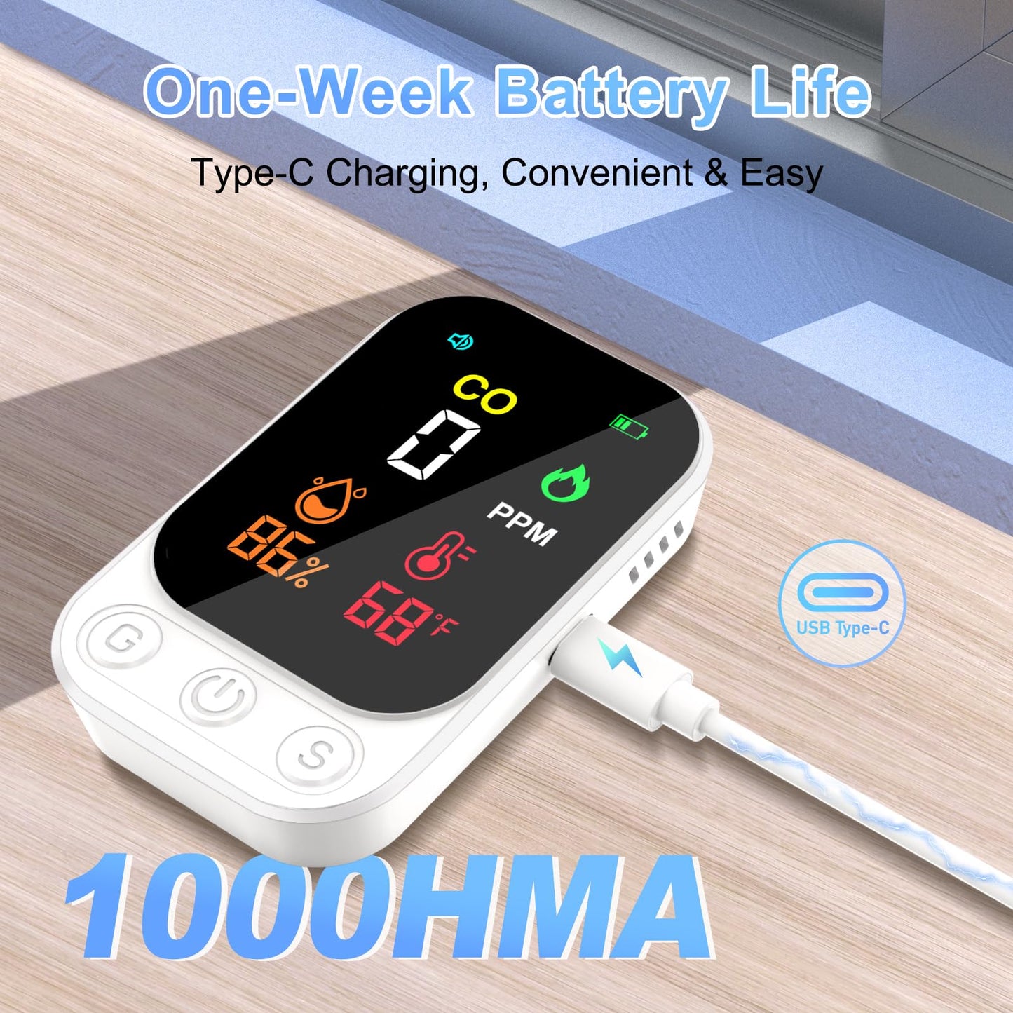 Portable Carbon Monoxide Detectors, 3-in-1 CO Detector – Mini CO, Temp & Humidity Sensor with 85 dB Alarm, Fold-Out Kickstand & Lanyard, Ultra-Low-Power Plug-Free Safety for Home, RV, Camp or Hotel
