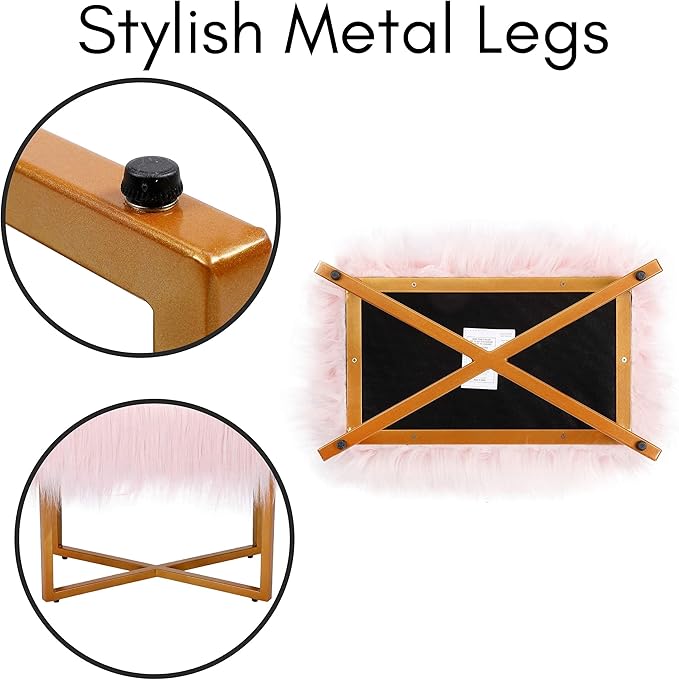 BIRDROCK HOME Rectangular Pink Faux Fur Foot Stool Ottoman with Gold Legs - Vanity Chair - Soft Compact Padded Seat - Bedroom and Kids Room Chair - Metal - Fluffy Makeup Seat Furniture