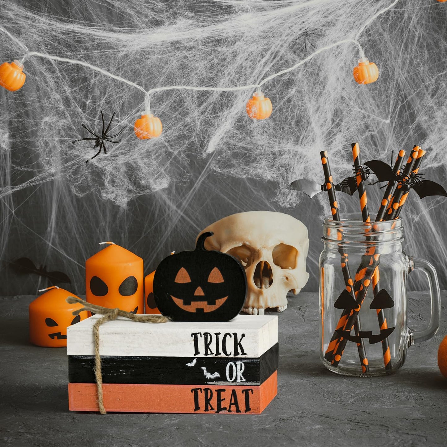 Smile Happy Halloween Wooden Stack, Pumpkin Mini Faux Books Bundle, Trick or Treat Tiered Tray Decorations, Indoor Decor for Kitchen Bathroom and Home Table Shelf