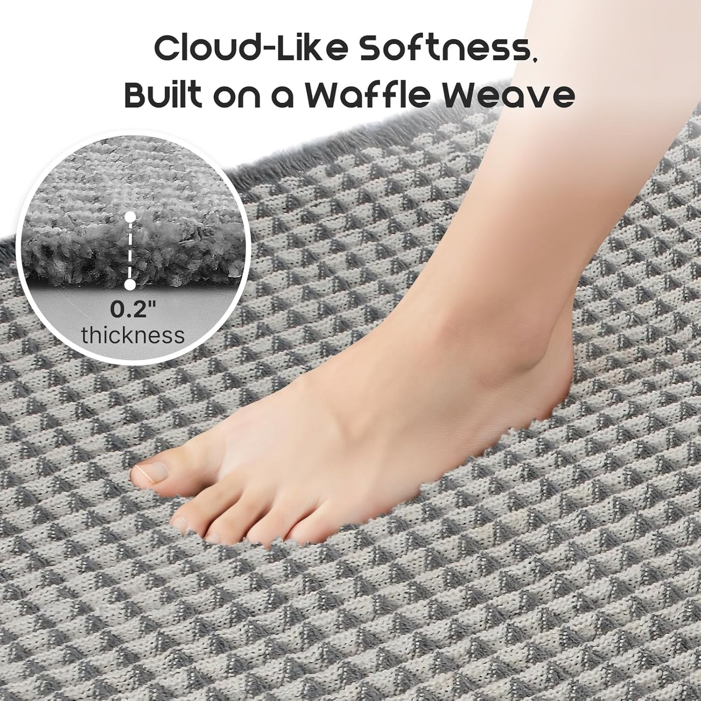 ArtyCozy Waffle Bath Mat Set of 2, Super Absorbent Soft Non-Slip Boho Bath Rugs with Flat-Woven Hot Glue Backing for Bathroom, Machine Washable Bath Mats, 17" × 24" Plus 18" × 30", Grey & White