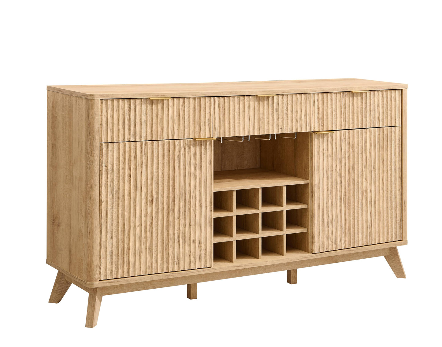 OKD 60" Fluted Buffet Cabinet with Storage - 3 Drawers and 2 Doors, Mordern Wine & Coffee Bar Cabinet with Wine and Glass Racks, Sideboard with Adjustable Shelves for Kitchen, Dining Room,Natural Oak