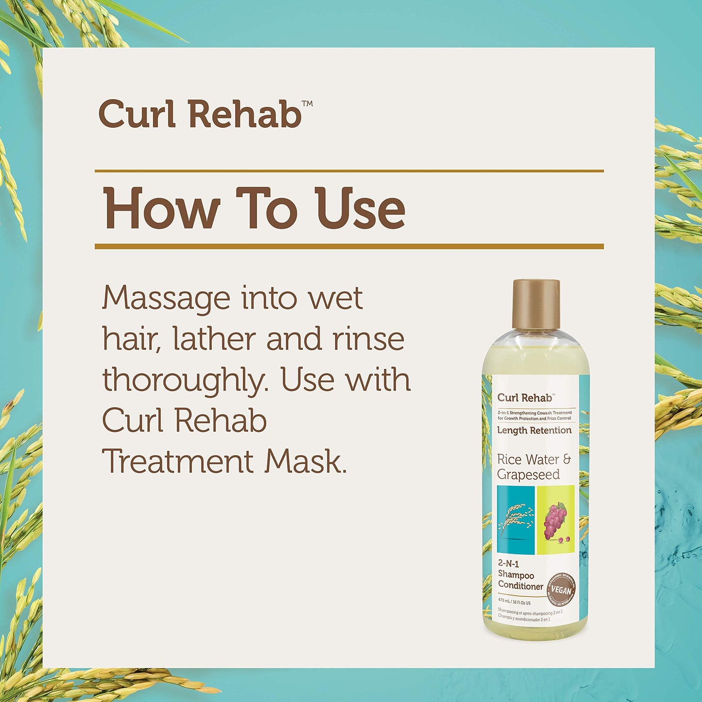 Curl Rehab Length Retention/Strength Treatment 2 in 1 Shampoo Conditioner, Enriched with Rice Water & Grapeseed, For Hair Growth