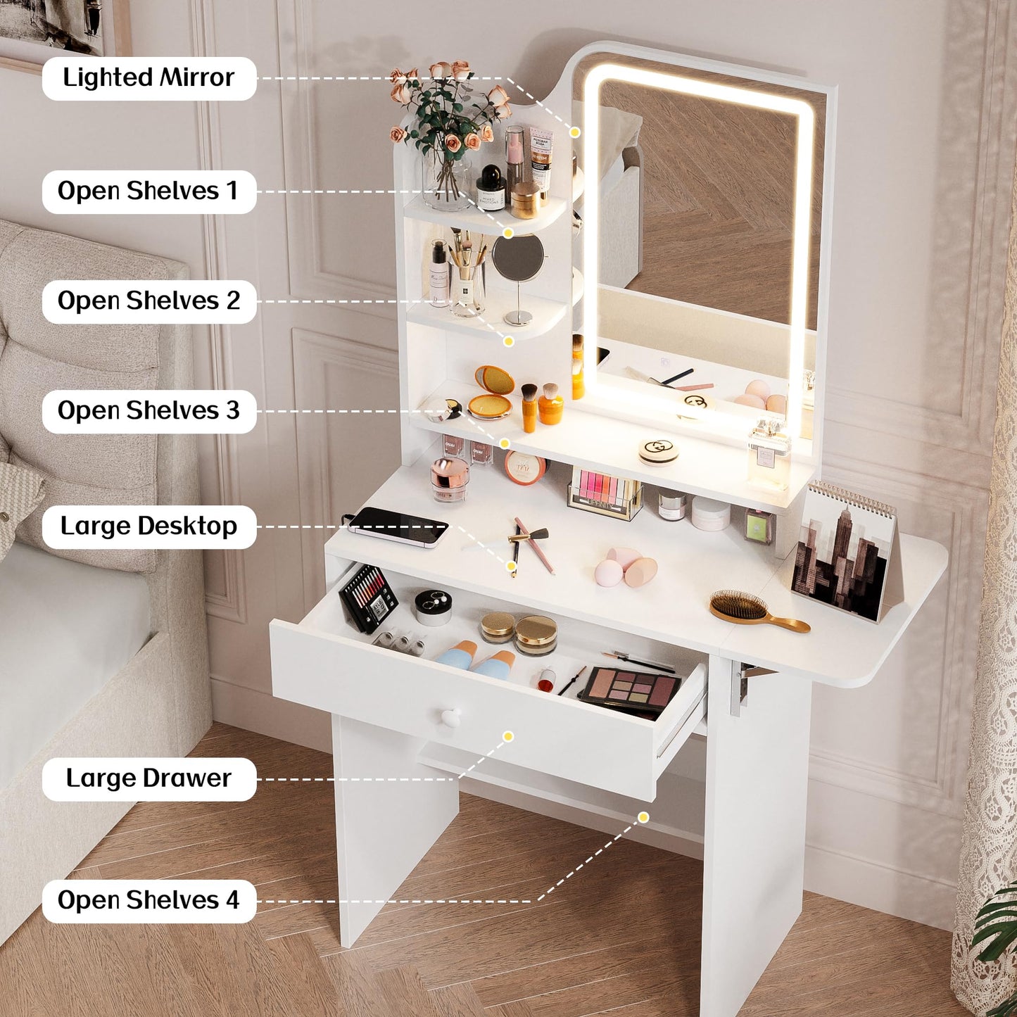 Haewon Small Vanity Desk with Mirror and Lights, Makeup Vanity with Charging Station, Compact Dressing Table Set with Storage Chair, Drawer and Shelves for Bedroom, White