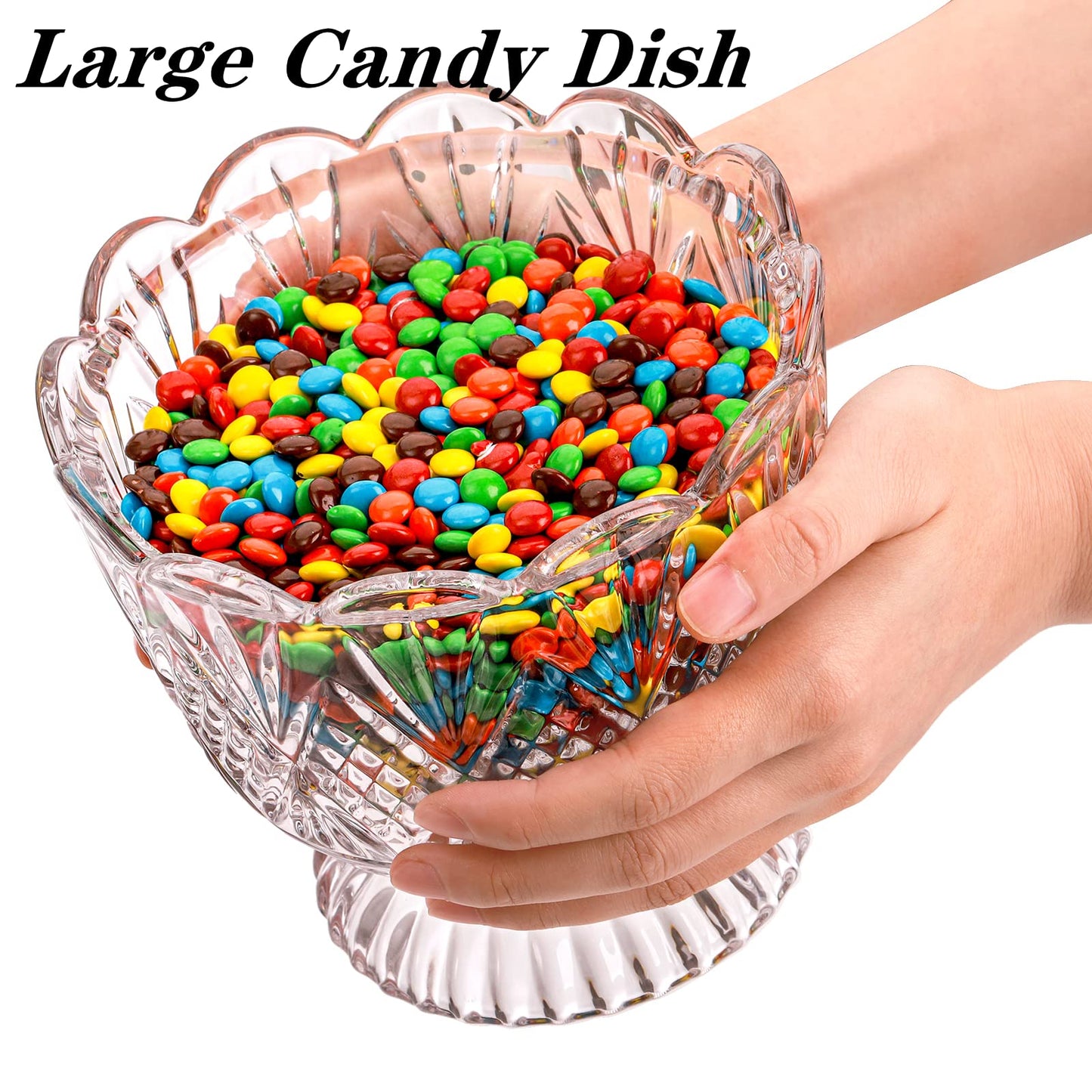 Lyellfe Glass Candy Dish with Lid, 40 Oz Large Clear Covered Cookie Bowl, Decorative Embossed Food Storage Container for Candy Buffet, Office Desk, Lead-free, Dishwasher Safe
