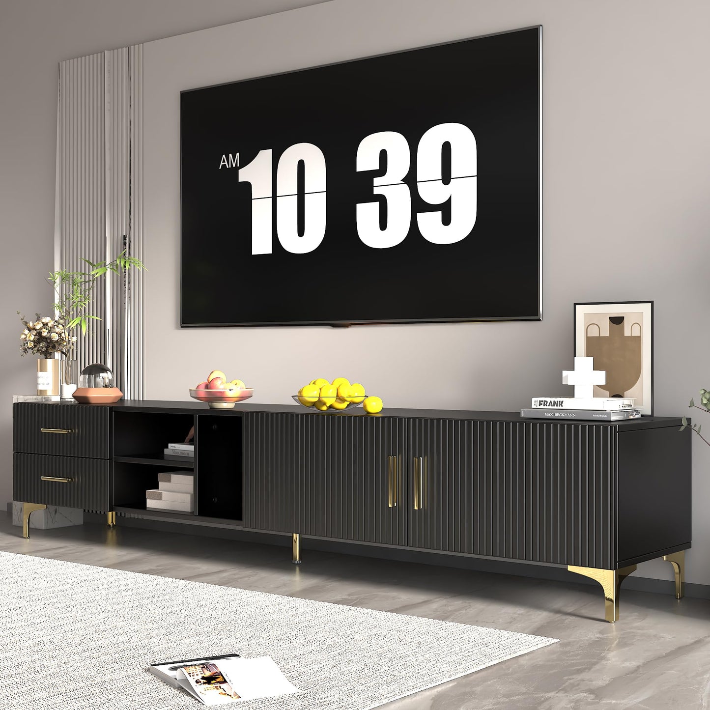NKISHECK 70" Fluted TV Stand for TVs Up to 80", Modern Entertainment Center with Storage, Media Console for Living Room Bedroom, TV Console（Black）