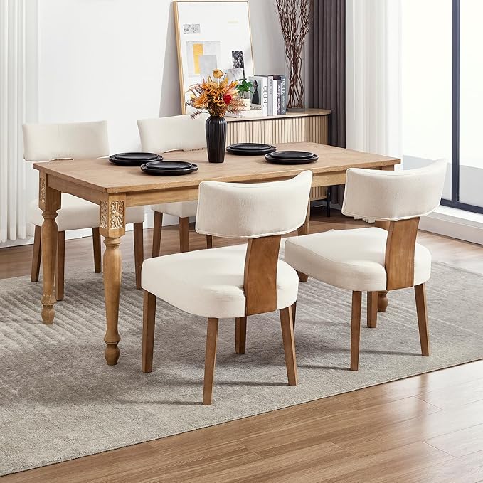 KHISCHMO Mid Century Modern Dining Chairs, Upholstered Linen Fabric Chairs with Curved Backrest and Wood Legs, Comfy Kitchen Vanity Chair for Dining Room/Living Room/Kitchen, Set of 4 Beige