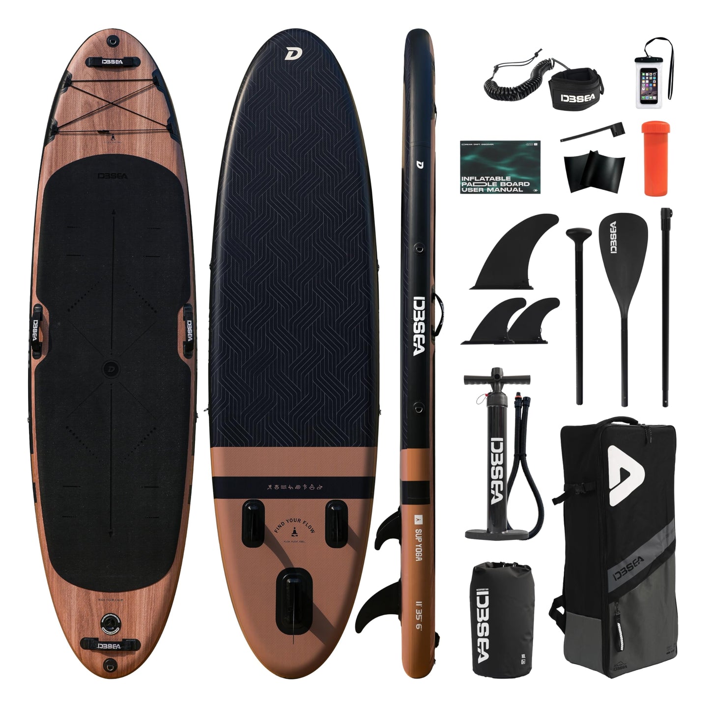 D3SEA 11 ft Inflatable Paddle Board with SUP Accessories, Extra Long Non Slip EVA Deck with Yoga Alignment Lines, Extra Wide Yoga SUP for Adults (Timber Noir, 11' × 35" × 6")
