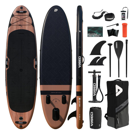 D3SEA 11 ft Inflatable Paddle Board with SUP Accessories, Extra Long Non Slip EVA Deck with Yoga Alignment Lines, Extra Wide Yoga SUP for Adults (Timber Noir, 11' × 35" × 6")