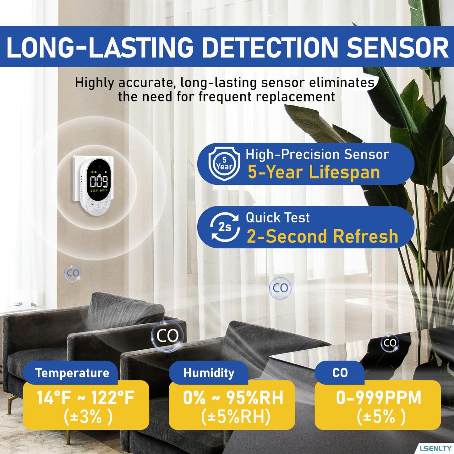 LSENLTY Portable Carbon Monoxide Detector with Battery, 2.7 Inch Large Screen Plug-in CO Detector, Lsenlty 3-in-1 Portable CO Detector (Temp and Hum), with Remind Function for RVs, Hotels, Travel