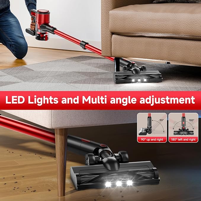 Cordless Vacuum Cleaner for Home - Lightweight, Stick Vacuum Clean with Rechargeable Battery, Max 45Mins Runtime, 8 in 1 Handheld Vacuum for Hardfloor & Carpets Pet Hair, Red&Black