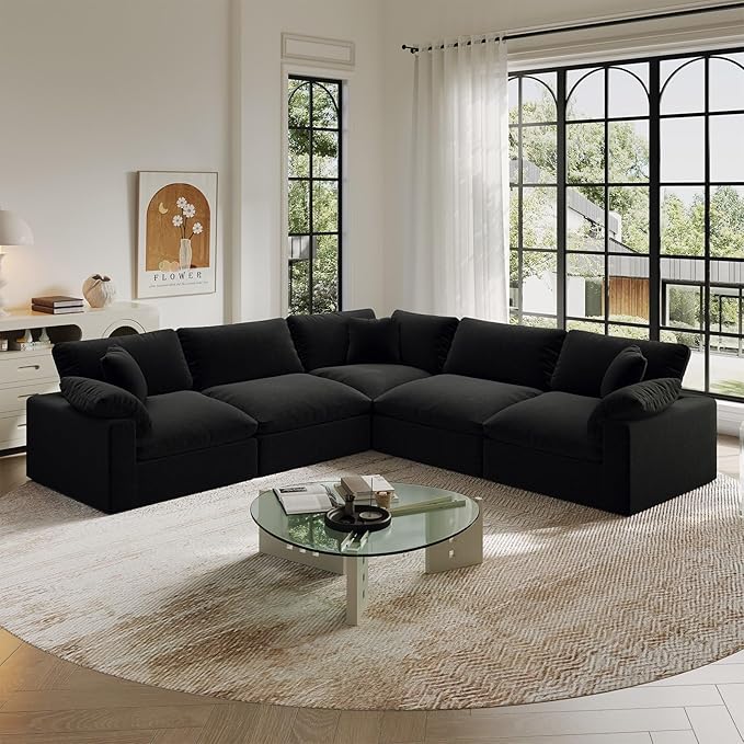 Intuition Decor Cloud Modular Sectional Sofa,211.6" Down Filled Sofa 5 Seat with Chaise,Minimalist Sofa Cover Washable and Replaceable Couches for Living Room,Sectional Sofa Deep Seat Black