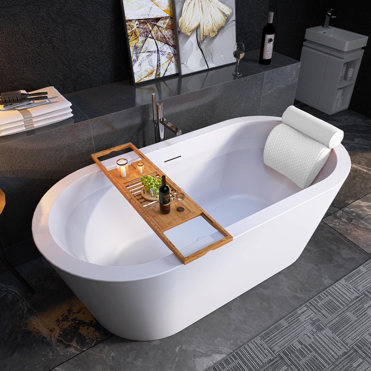 64" Free Standing Tub, Pure Acrylic Freestanding Bathtub, Stylish Stand Alone Contemporary Deep Soaking Bath Tub, cUPC Certified SY1265 (Glossy White)