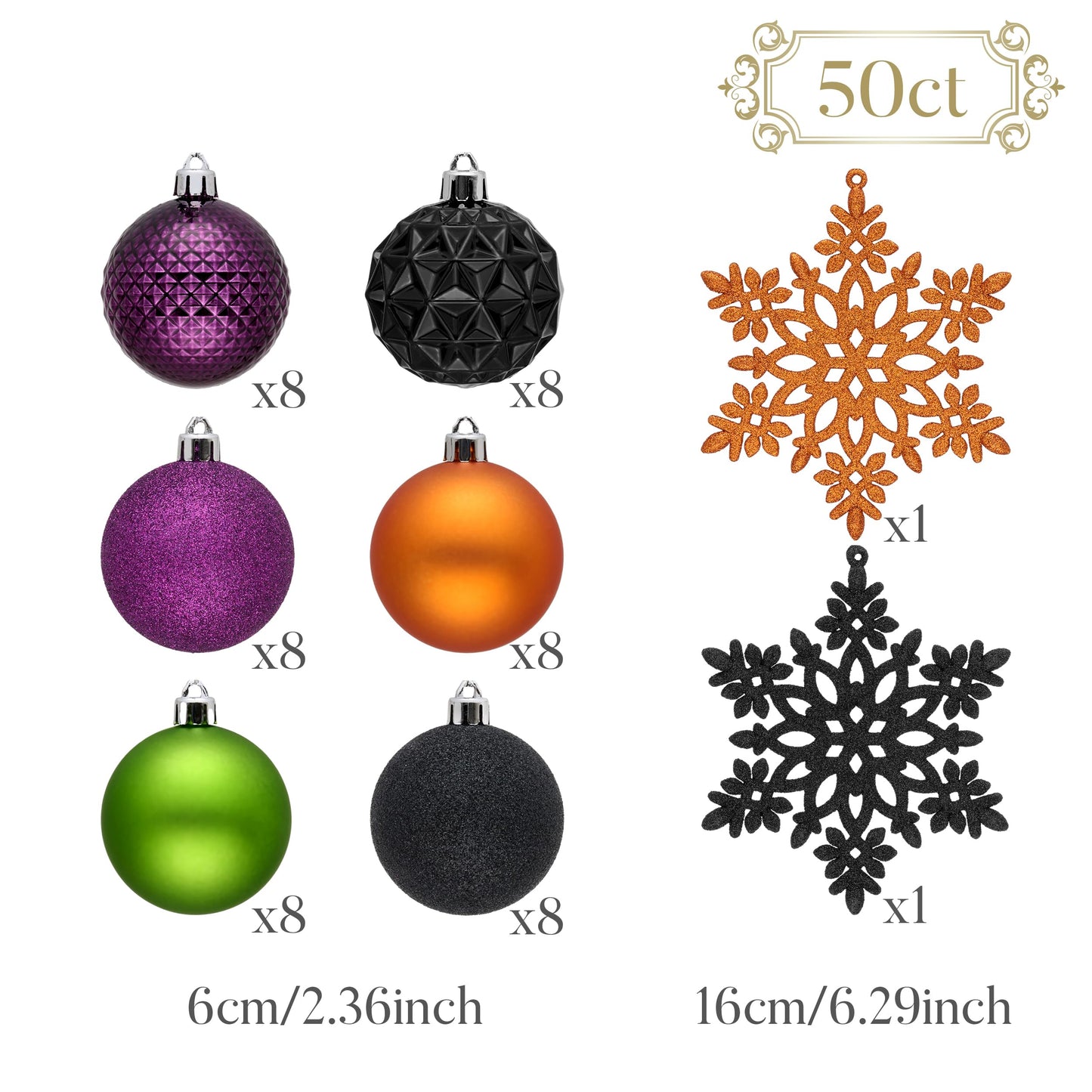 Valery Madelyn Christmas Tree Decorations Ornament Set for Fall Halloween, 50ct 2.36 Inches Orange Purple Black Shatterproof Christmas Ball Ornaments Hanging Xmas Holiday Party Decor