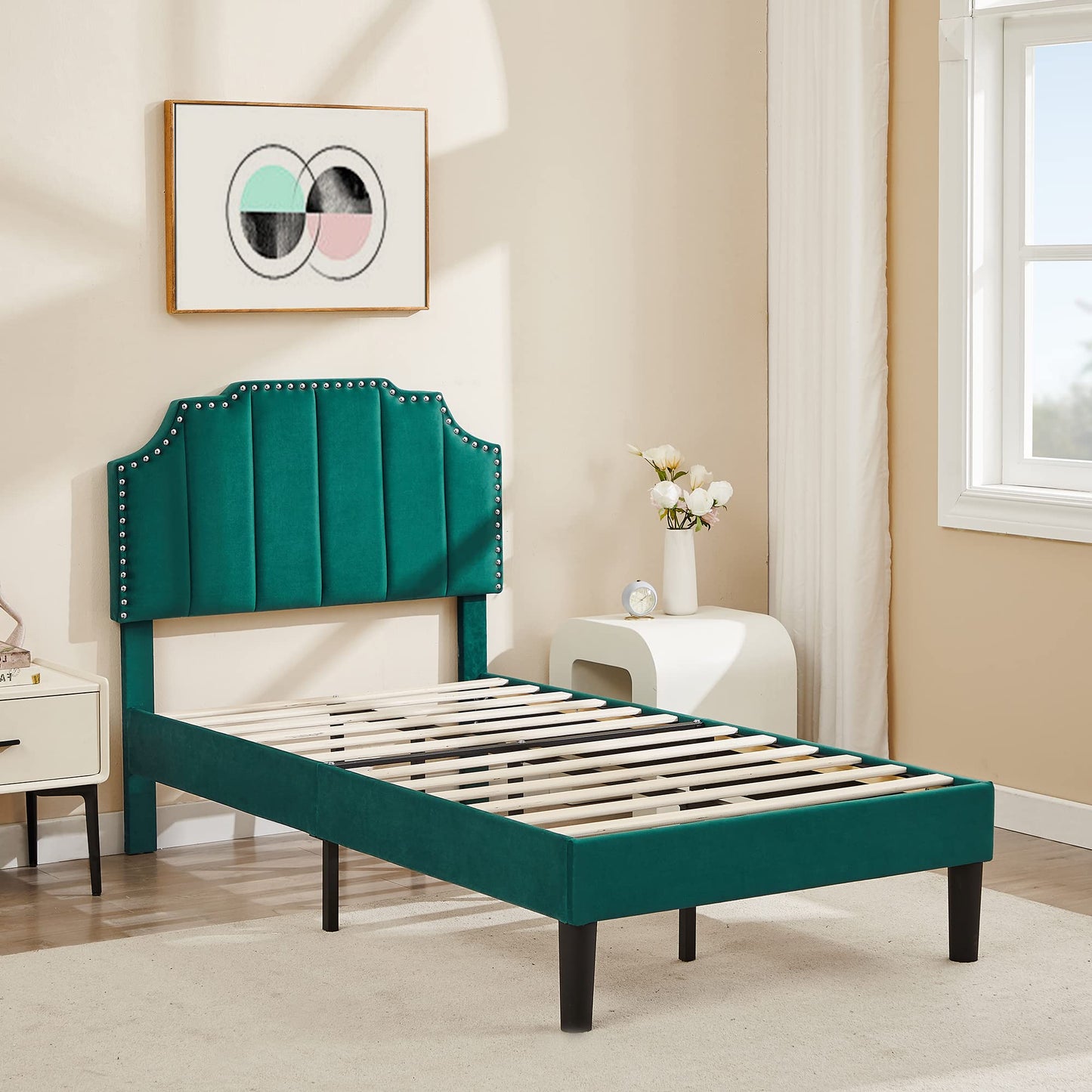 VECELO Twin Upholstered Platform Bed Frame with Tufted Adjustable Headboard/Mattress Foundation/Wood Slat Support,Easy Assembly,Dark Green