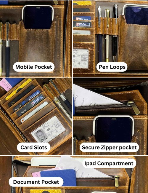 RUSTIC TOWN Leather Portfolio for Men - Full Grain Leather Padfolio Folder - Zipper Folio Documents Organizer - Professional Business Executive Gift for Men Women