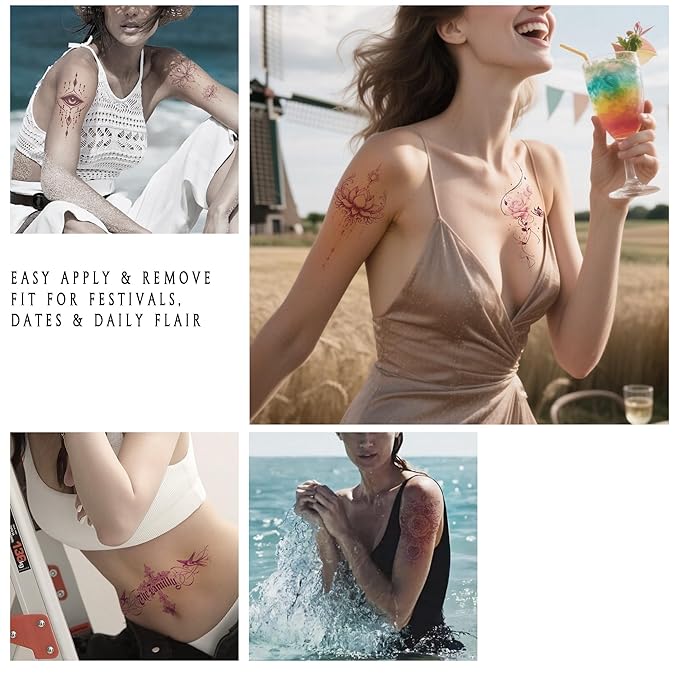 Pink Boho Temporary Tattoos | realistic temporary tattoos specially designed for women. These are waterproof fake tattoo stickers featuring floral and butterfly patterns.
