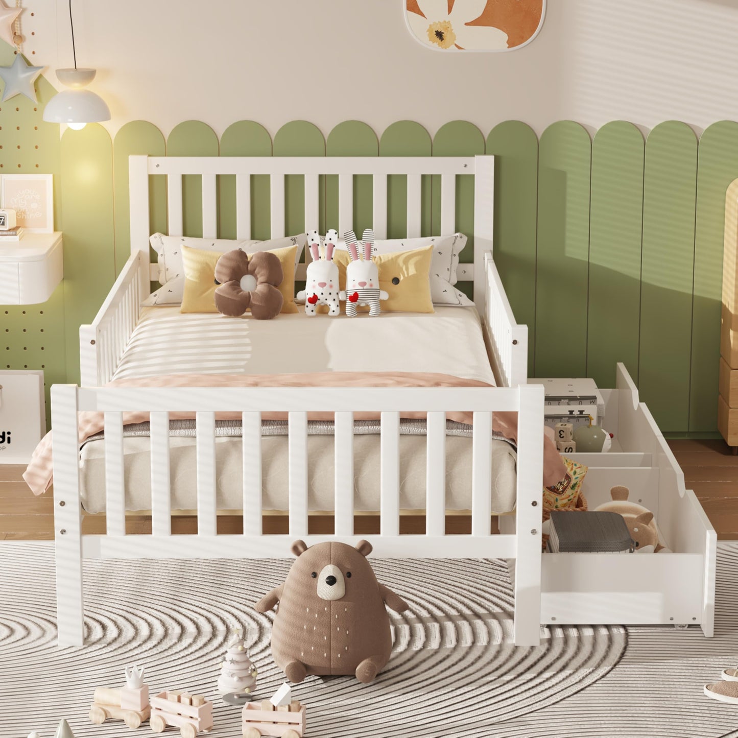 Bellemave Kids Twin Bed Frame with Storage Drawers and Both Sides Guardrails, Kids Platform Bed with Headboard and Slat Support, White