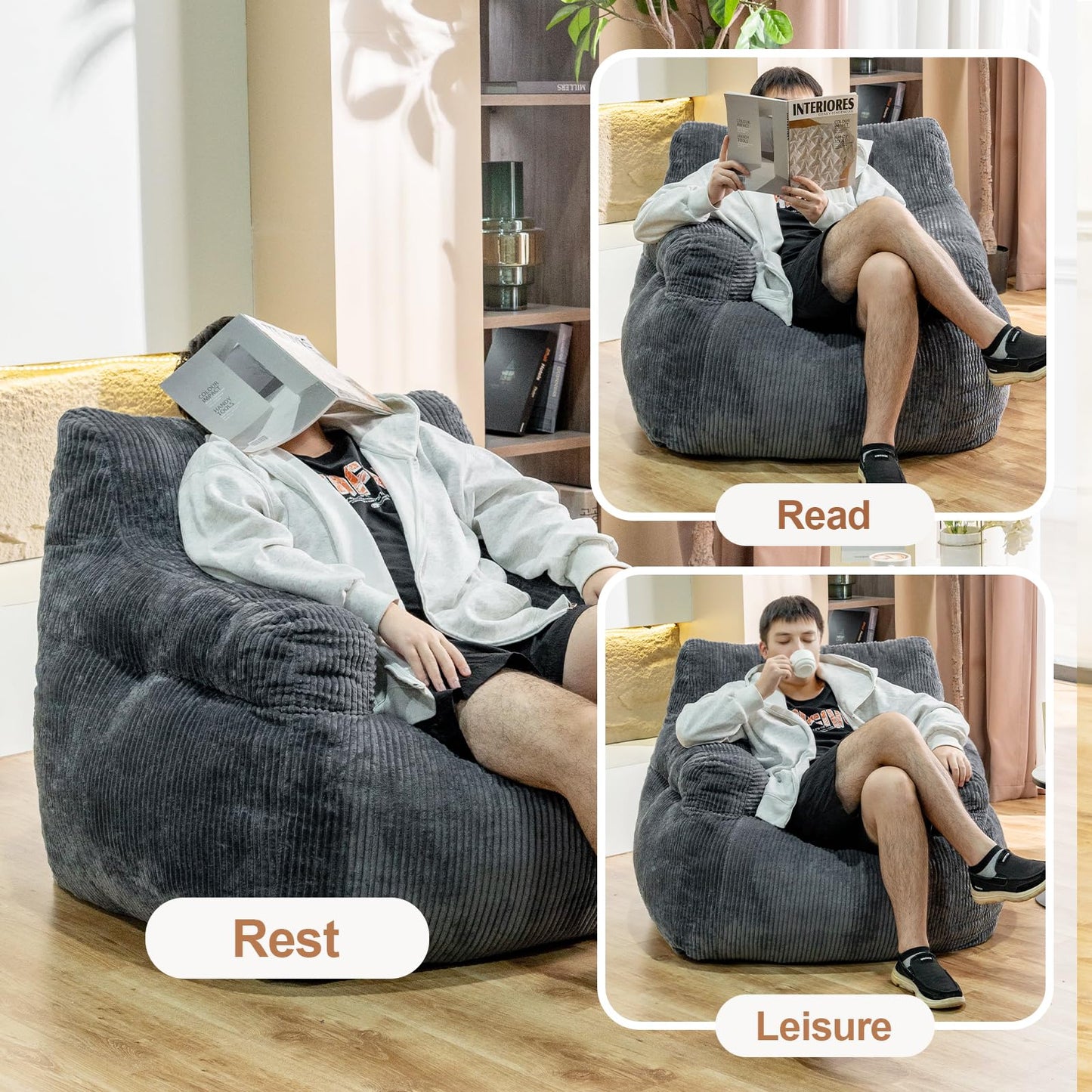 Stmoze Giant Bean Bag Chair, Faux Fur Large Bean Bag Chair for Adults, Fluffy and Comfy Giant Bean Bag Chair with Filler, Big Bean Bag Sofa Chair for Reading, Gaming, Grey