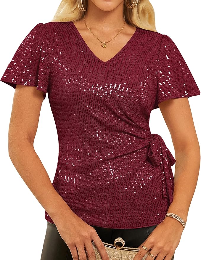 GRACE KARIN Womens Sequin Tops 2025 Ruffle Sleeve Sparkly Shirt, Glitter Party Blouses Dressy Concert Disco Outfits
