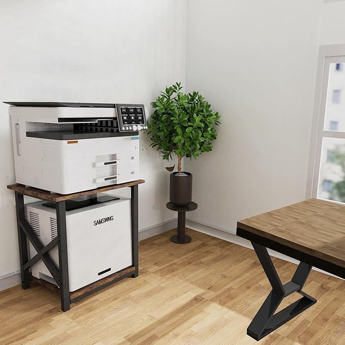 Large Printer Stand, 23.6 x 23.6 x 22.6 Inches Square Printer Table with Storage Shelf, 2 Tier Rolling Printer Cart with Industrial Wheels for Home Office Rustic Brown