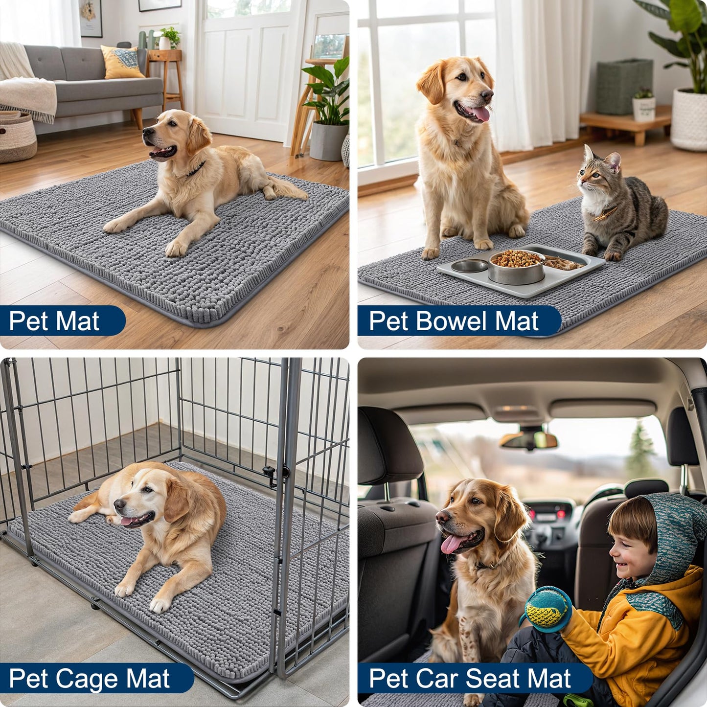 Smiry Dog Door Mat for Muddy Paws 48x30, Absorbs Moisture and Dirt Doormat, Non-Slip Washable Quick Dry Chenille Front Door Mat Indoor Entrance, Entryway Carpet for Inside Floor, Grey