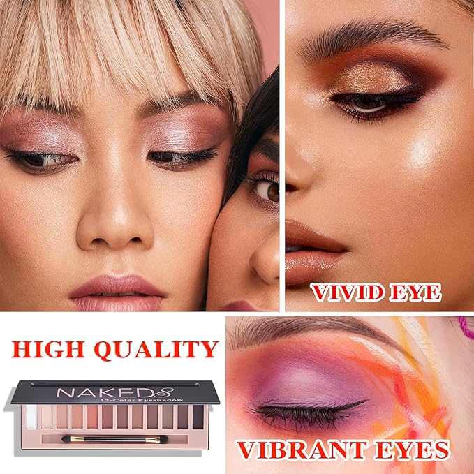 12 Shades Nude Matte Eyeshadow Palette, Shimme Naked Eyeshadow, Natural Flash Waterproof Durable Smoked Professional Makeup With Brush Pearl+Matte