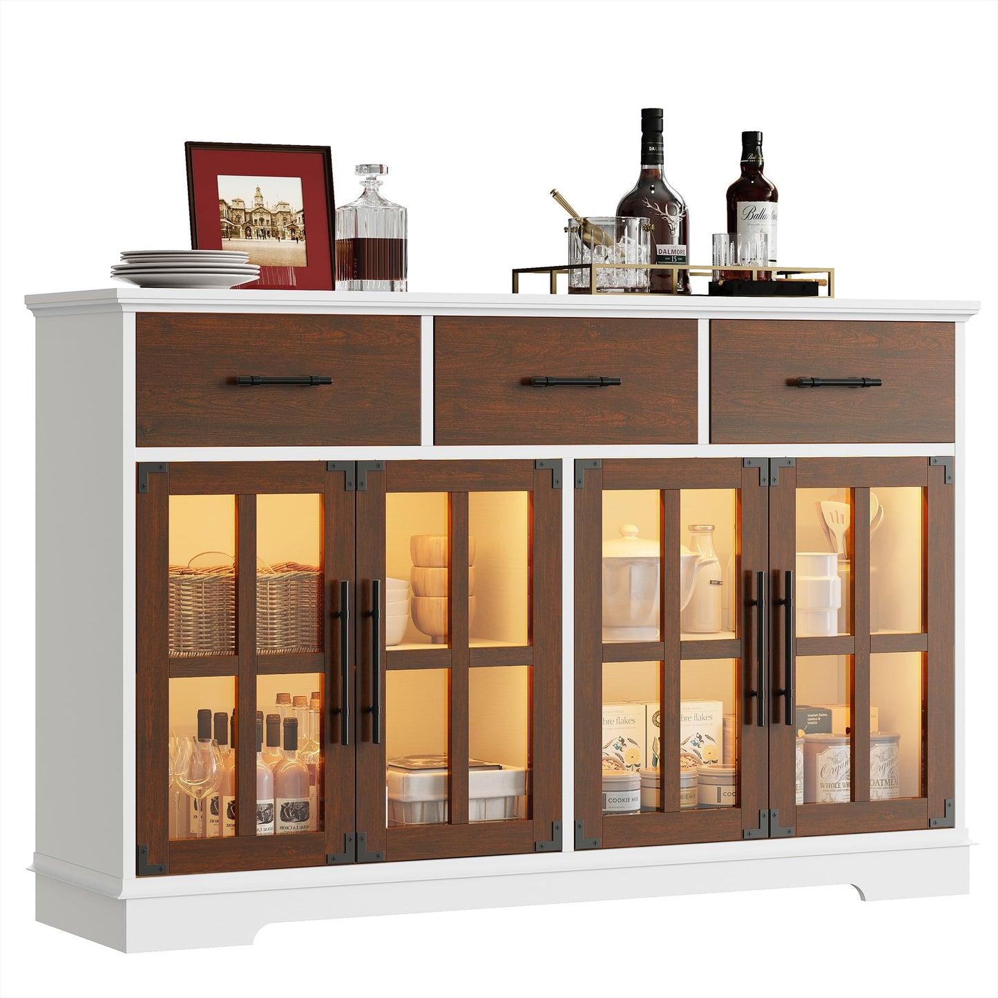 IRONCK Buffet Cabinet with Storage, 55" Large Sideboard Buffet Storage with LED Lights, Farmhouse Coffee Bar Wood Liquor Cabinet for Kitchen, Dining Room, Red Walnut