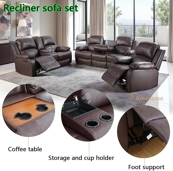 A Ainehome Living Room Furniture Set Leather Recliner Sofa Set Loveseat Chair Furniture Sofa Set for Living Room/Small Space/Rv/House/Office/Theater Seating (A-Brown Leather, 3 Piece Set)