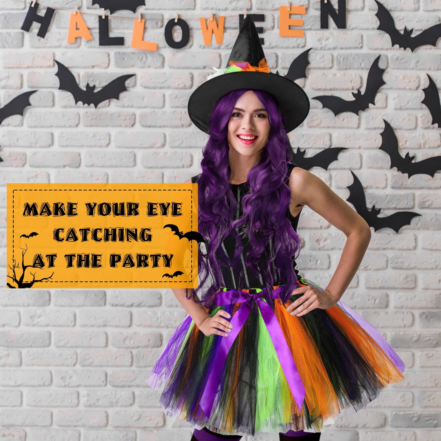Kigeli 4 Pcs Halloween Witch Costume Set for Women Witch Tutu Outfit Skirt Hat Wig Striped Tights Cosplay (Green Purple)
