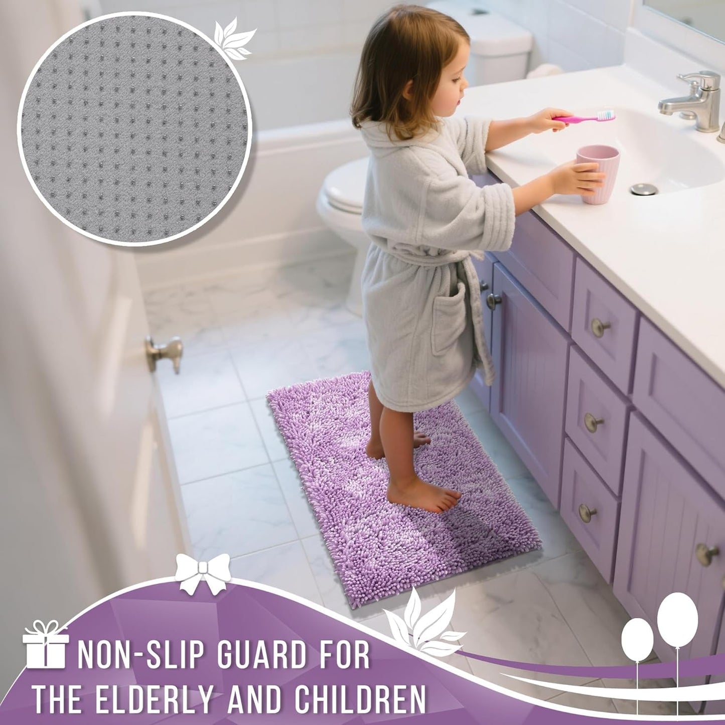 Yimobra Chenille Bathroom Rugs Non Slip, Extra Thick Soft Absorbent Bath Rug 31.5x20 Inch, Machine Washable Quick Dry Bath Mat for Bathroom Floor, Tub and Shower, Home Decor Accessories, Lilac