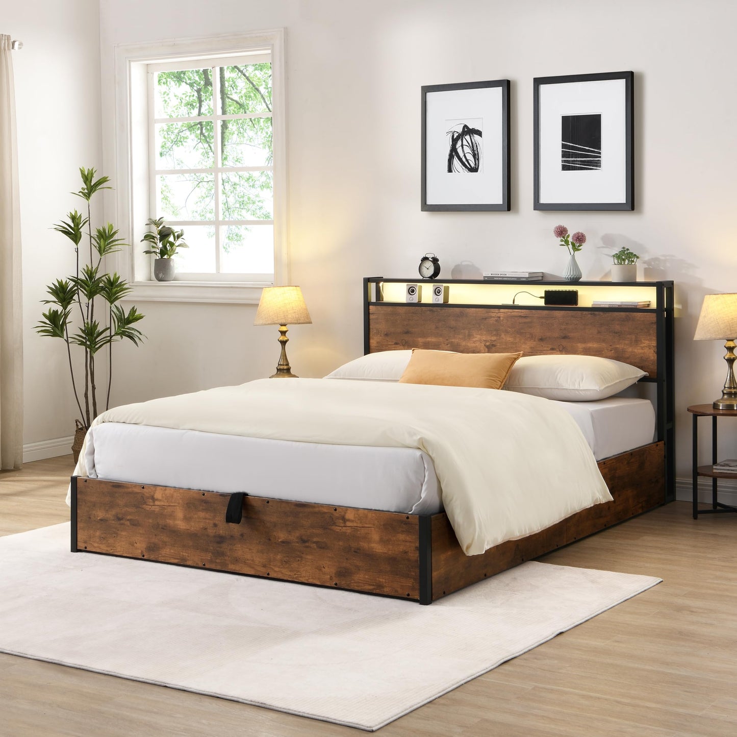 Queen Size Lift Up Storage Bed Frame with Charging Station, Wooden Platform Bed Frame with with Bookcase Headboard & LED Lights, Heavy Duty Metal Slats Support, Hydraulic Storage, Noise-Free, Brown