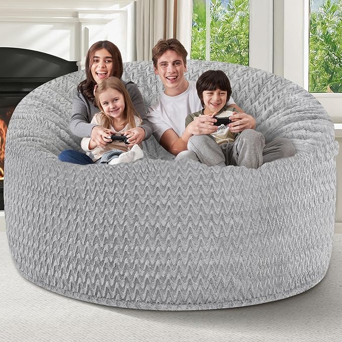 6FT Bean Bag Chair,Giant Bean Bag Chairs for Adults,Big Bean Bags with Memory Foam Filled, Large Beanbag Chairs with Chevron Plush Cover-Light Grey