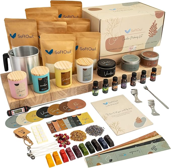 SoftOwl Premium Soy Candle Making Kit - Full Set - Soy Wax, Big 7oz Jars & Tins, 7 Pleasant Scents, Color Dyes & More - Pe...
