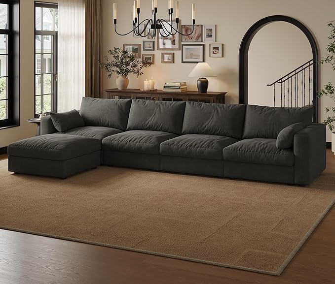 Cloud Modular Sectional Sofa Couch with Storage Ottoman, 128" Oversized Sectional Couches for Living Room, Cloud Modular L-Shaped Sofa with Chaise, 5 Seater, Chenille, Dark Gray