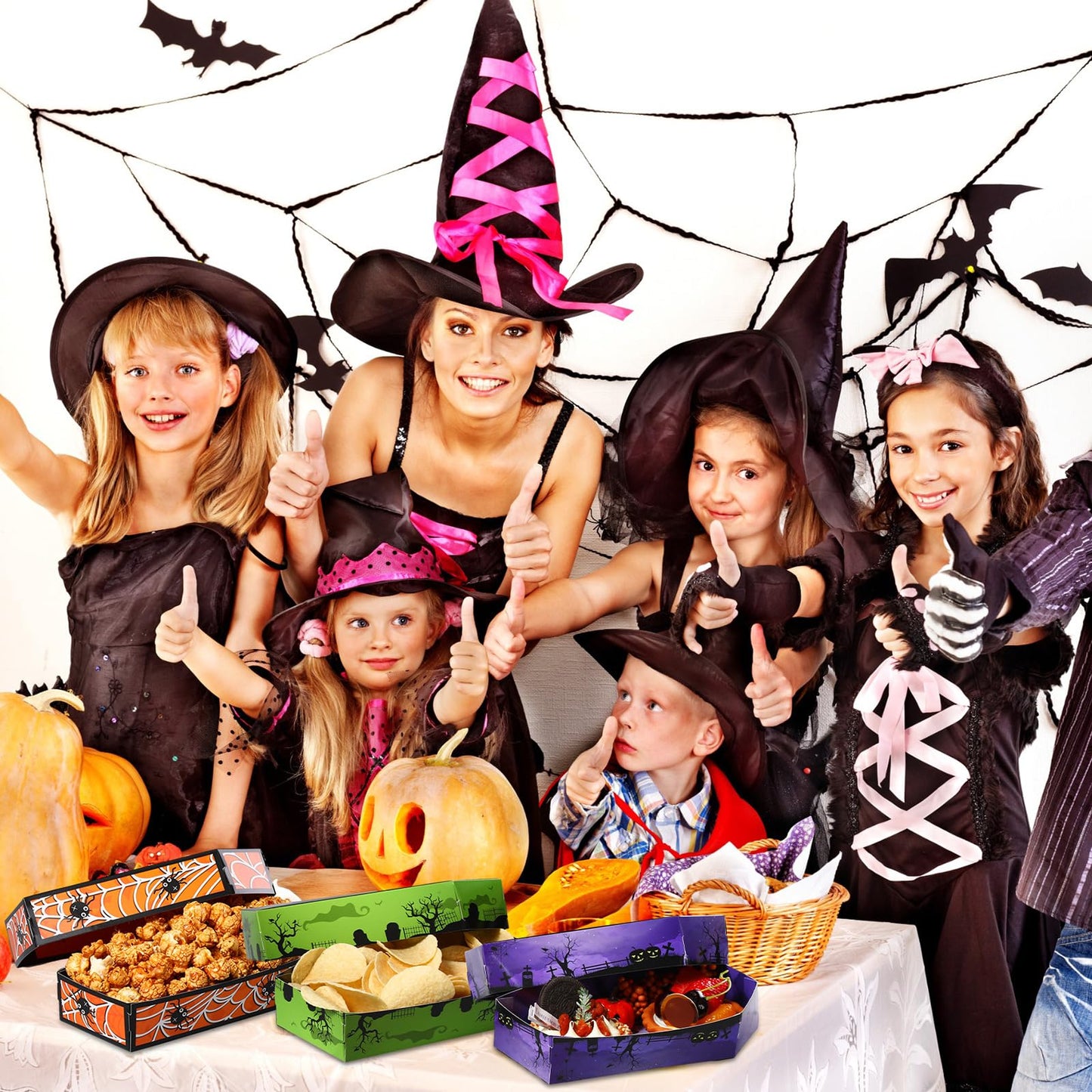 Suttmin 48 Pcs Happy Halloween Paper Trays Disposable Halloween Coffin Boxes Trays Treat Serving Basket Disposable Snack Food Treat Hamburger Holder Party Decoration Supplies
