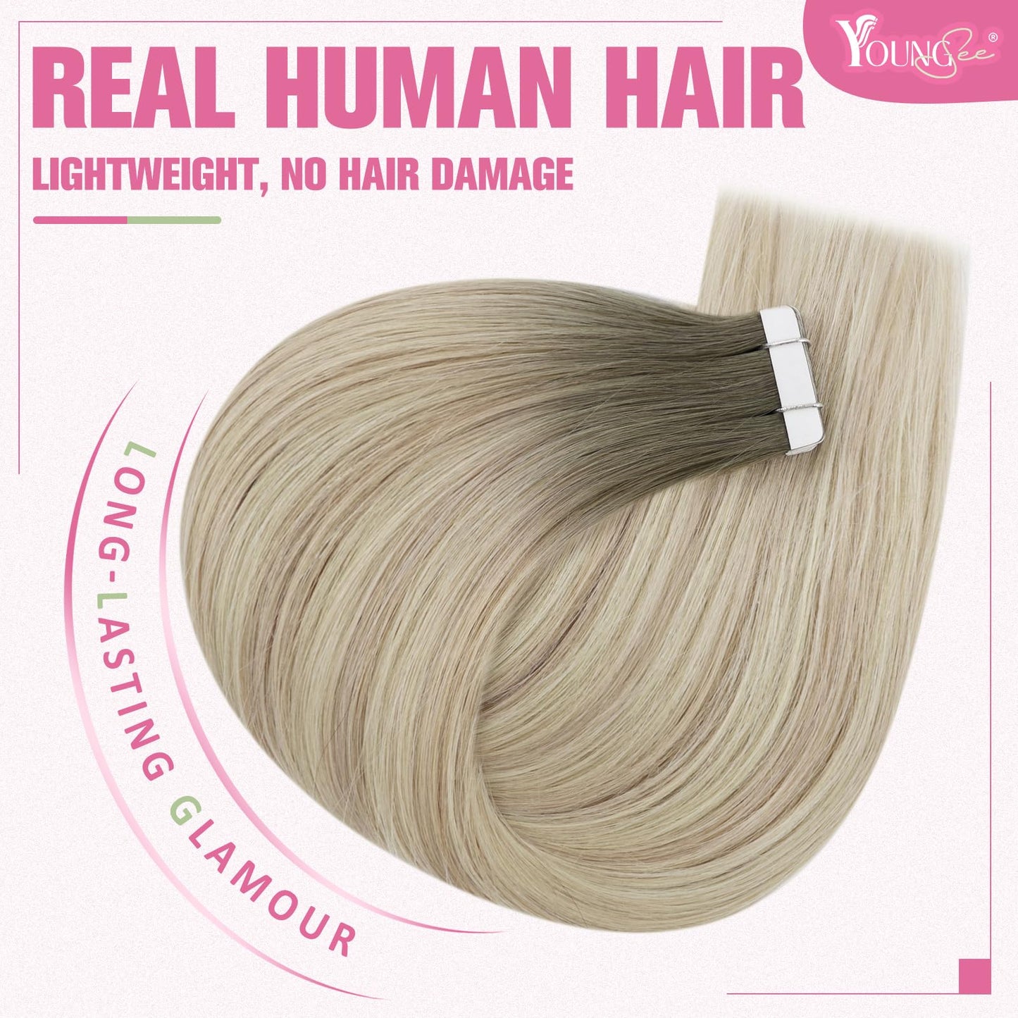 YoungSee Tape on Balayage Hair Extensions Ash Blonde Ombre Platinum Blonde Hair Extensions Real Human Hair Tape in Balayage Tape
