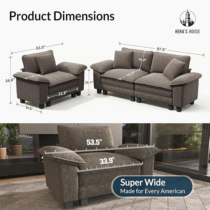 HERA'S HOUSE 2 Pieces Modular Sectional Sofa Sets, Oversized Couch Set with Loveseat and Armchair, Comfy Cloud Couches with Throw Pillows, 3-Seater Deep Seat Sofa for Living Room, Chenille Ash