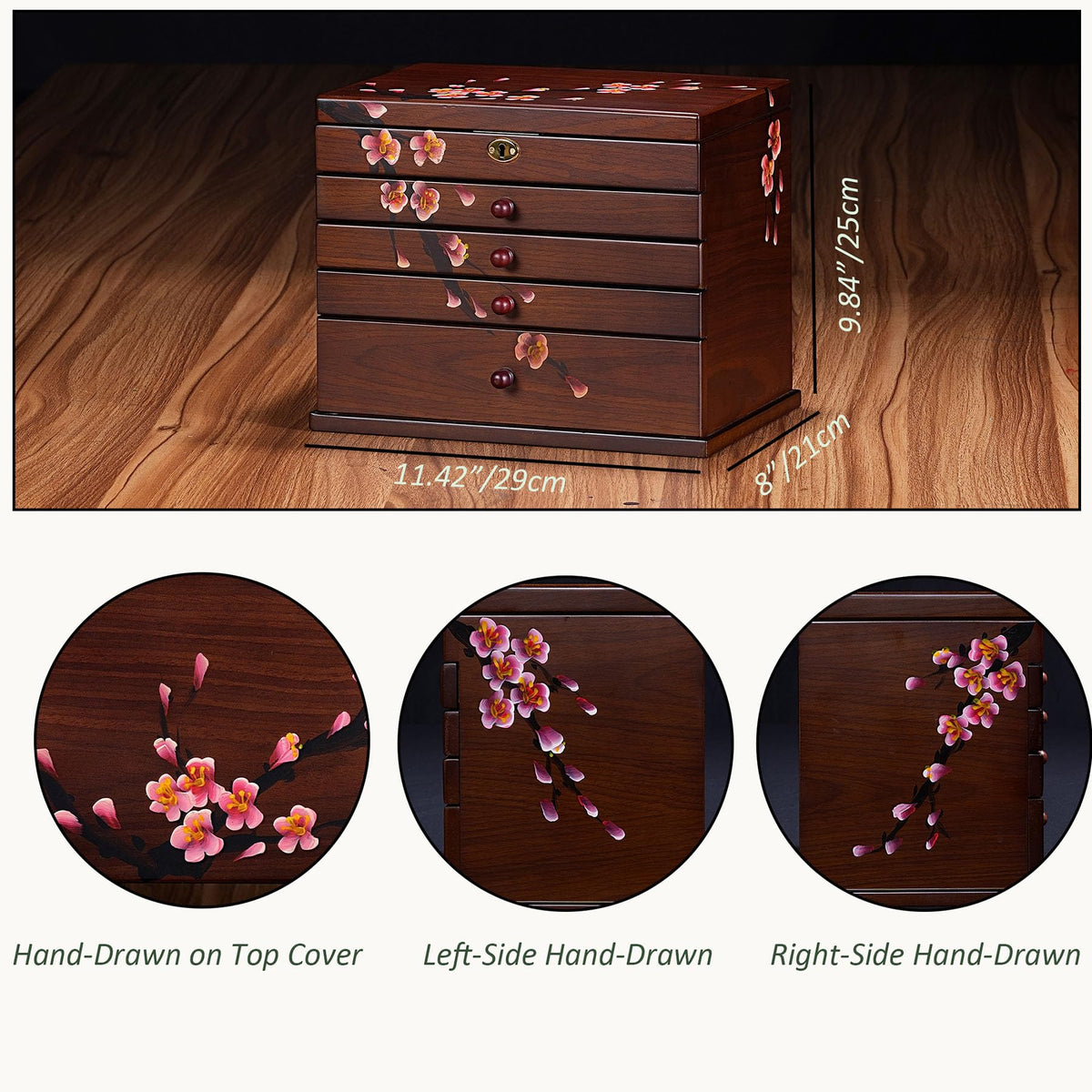 Xloverise Vintage Wooden Jewelry Boxes with Lock & Key - Hand-Painted Large Jewelry Organizer, 6-Layer jewelry organizers and st