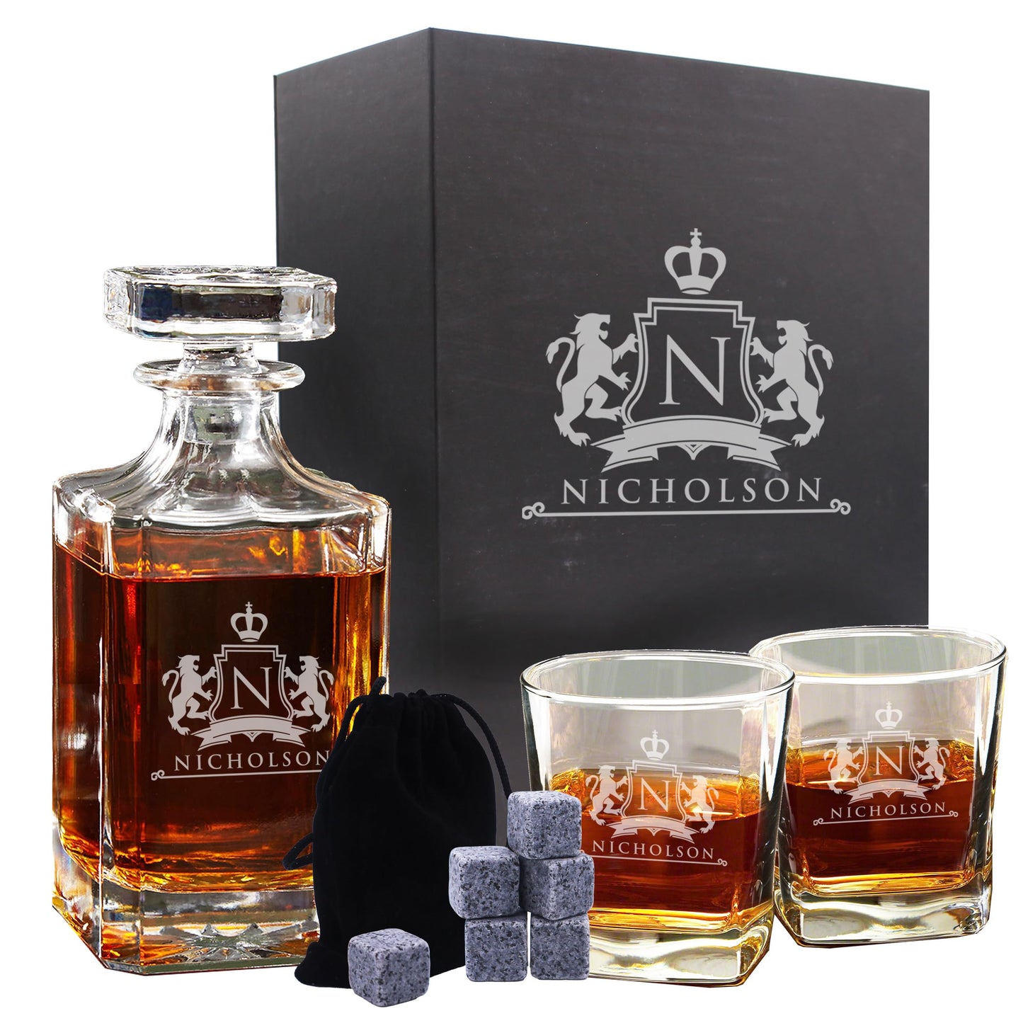 The Wedding Party Store, Customized Whiskey Decanter and Glasses Set - Custom Engraved and Personalized with Lion Design