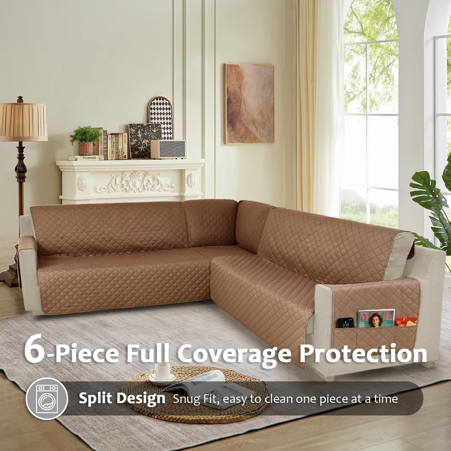 ROFASVCO Waterproof Sectional Couch Covers L Shape Sectional Sofa Covers for Pets Washable Non-Slip 6PCS U Shaped Sofa Slipcovers Dog Couch Cover Corner Furniture Protector (XX-Large, Dark Coffee)