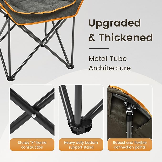 OUTDOOR LIVING SUNTIME Oversized Padded Comfy Camping Chair with Removable Footrest，Weight Capacity 400LBS, Heavy Duty Moon Round Leisure Folding Chair for Camping, Hiking, Carry Bag, Orange