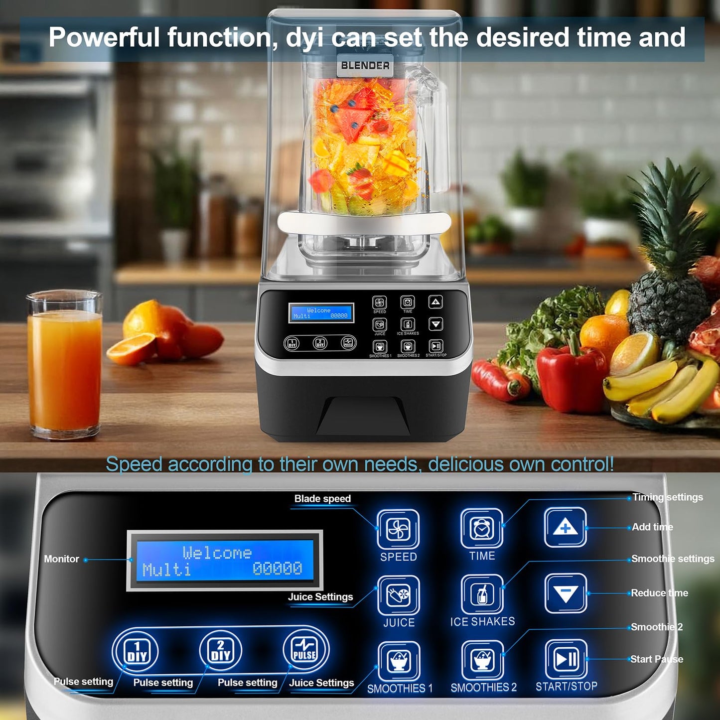 WaterElfo Commercial Blender 2200W 2.1QT 68OZ Quiet Blender Brushless Motors Commercial Smoothies, Frozen Drinks,Self-Cleaning，Electric Countertop Blenders Heavy-Duty,Silver Grey