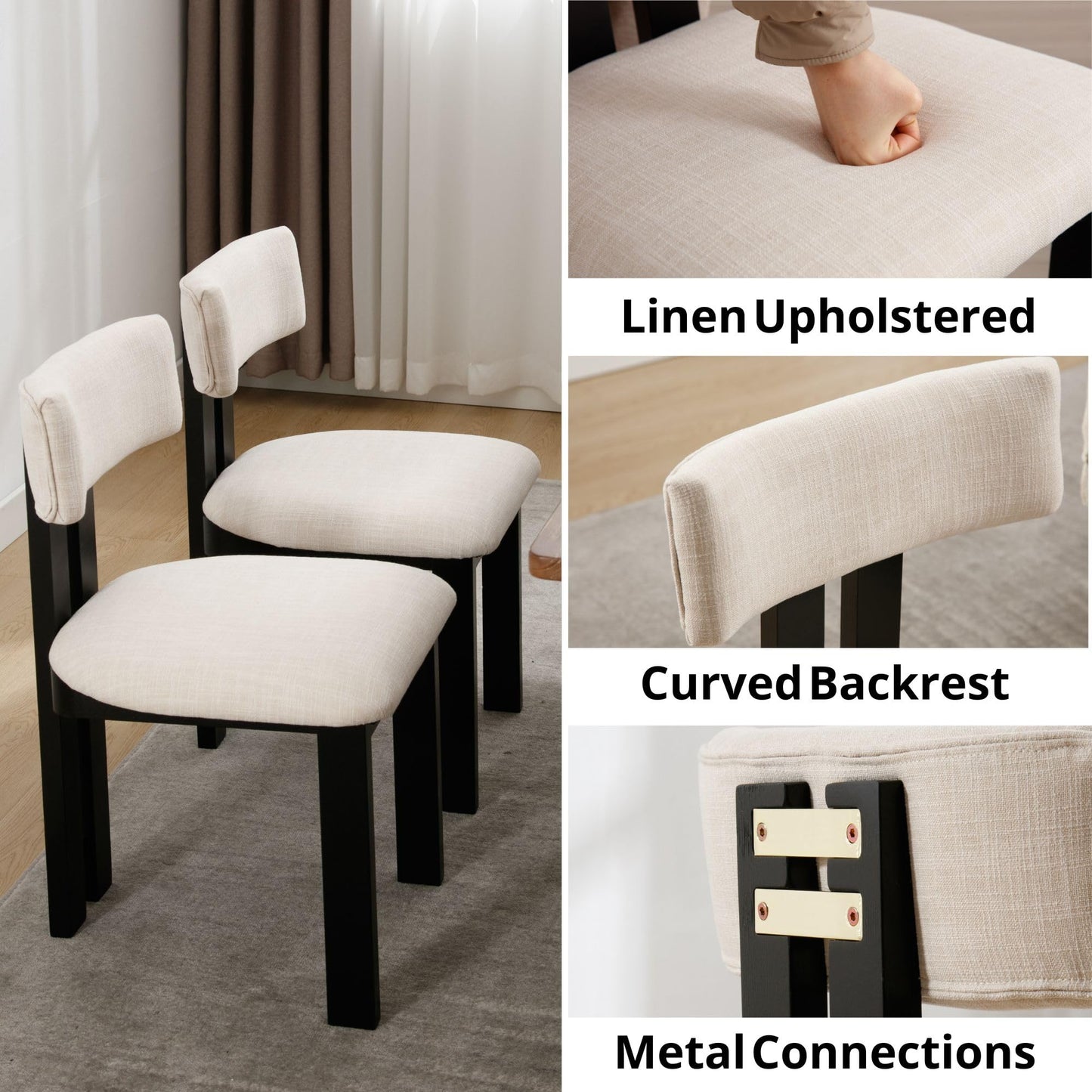 BESTANO Linen Wooden Dining Chairs Set of 2, Modern Farmhouse Dining Room Kitchen Chairs with Curved Backrest Black Wood Legs, Armless Dining Chairs, Beige