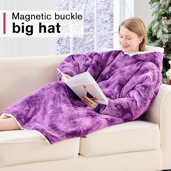 yescool Wearable Blanket Hoodie, Flannel Sherpa Fleece Blanket Sweatshirt for Adults Women Men,One Size Fits All