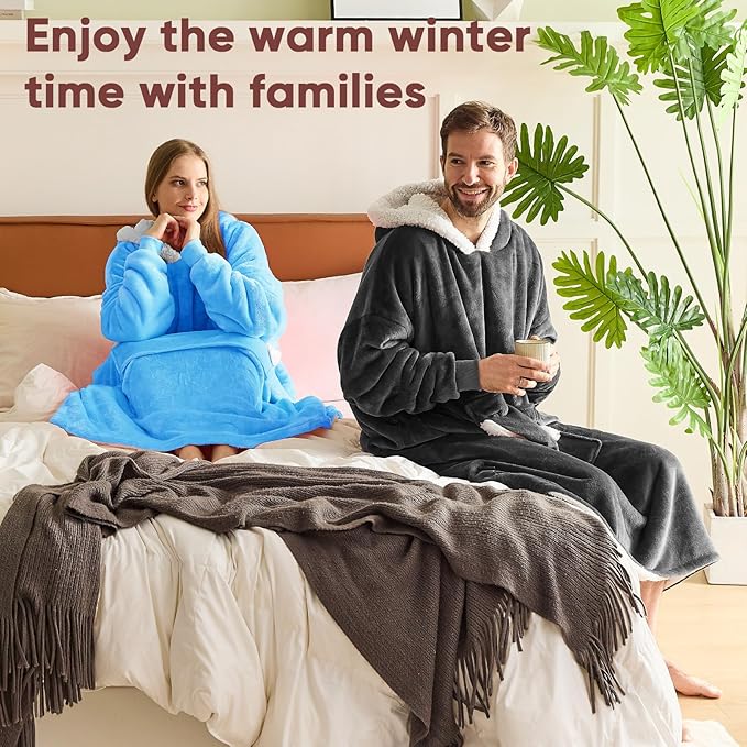 yescool Wearable Blanket Hoodie, Flannel Sherpa Fleece Blanket Sweatshirt for Adults Women Men,One Size Fits All