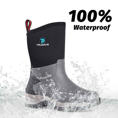 Trudave Rubber Rain Boots for Women, Neoprene Insulated Mud Work Boots, Anti-slip Breathable Mid-calf Womens Waterproof Boots for Garden, Water Fishing, Black, Size 9