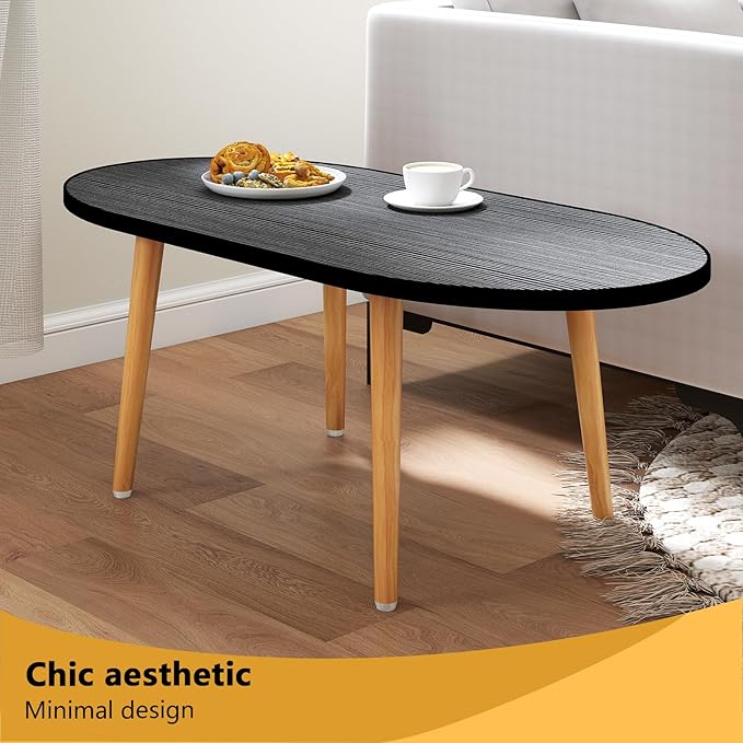 Funecy Oval Coffee Table Low Table with 4 Solid Wood Sturdy Legs, Floor Table Desk for Sitting on The Floor, Storage and Living Room Furniture (Black)